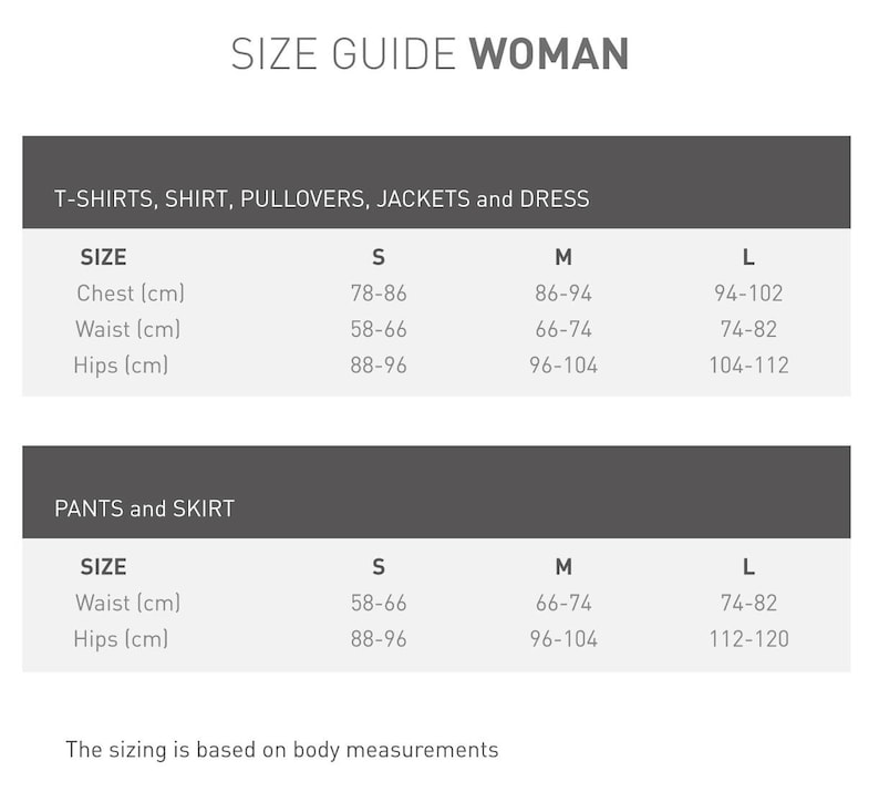 Puede incluir: Gu&iacute;a de tallas para ropa de mujer, que muestra las medidas en cent&iacute;metros para el pecho, la cintura y las caderas para las tallas S, M y L. La gu&iacute;a se divide en dos secciones: camisetas, camisas, jers&eacute;is, chaquetas y vestidos, y pantalones y faldas.