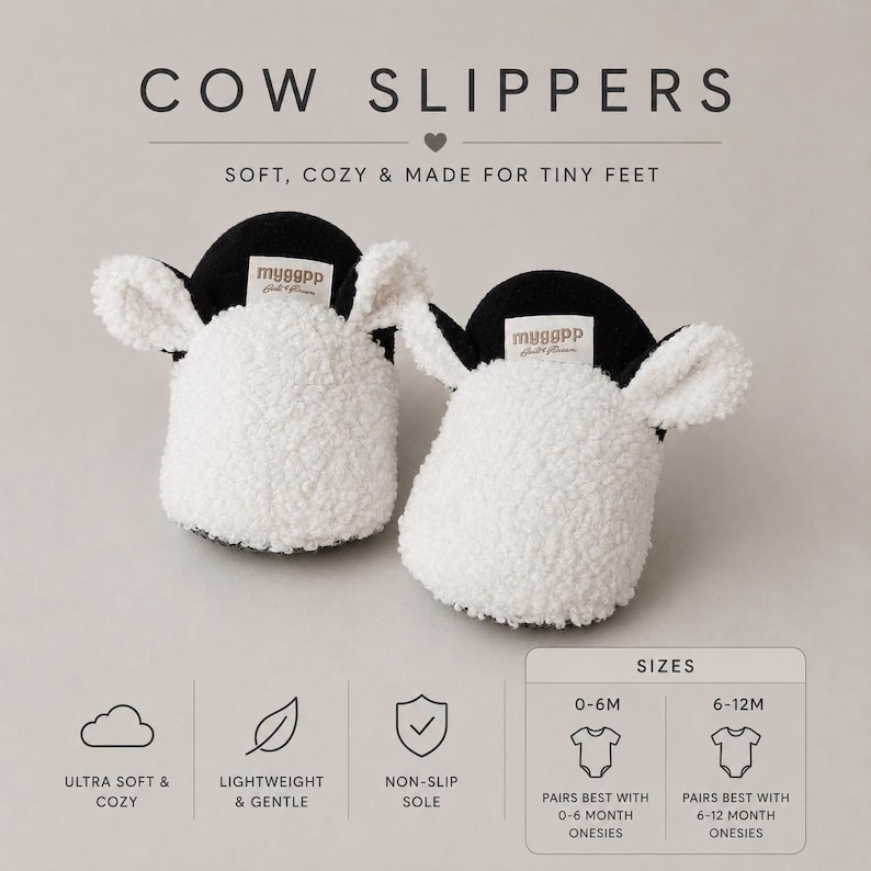 May include: A pair of white and black cow slippers with textured fleece material, featuring small ears and a label reading myggpp. The text reads COW SLIPPERS, SOFT, COZY & MADE FOR TINY FEET, with icons for ultra soft, lightweight, and non-slip sole features.