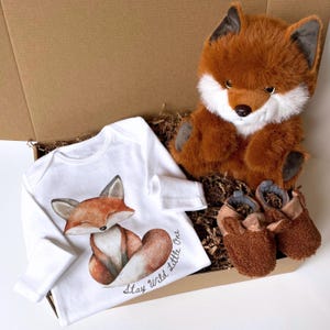 May include: A gift box containing a white baby onesie with a fox illustration and the text "Stay Wild Little One", a plush fox toy, and brown baby booties. The items are nestled in brown packing material.