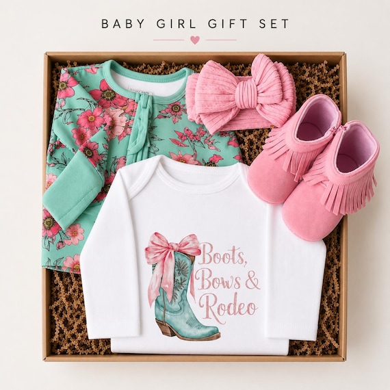 Baby Western Outfit Gift Set Cowgirl Boots Pink Bow Baby Girl Rodeo Clothing Gift Box Shower Present Bundle Set Cotton Sleeper Western Style
