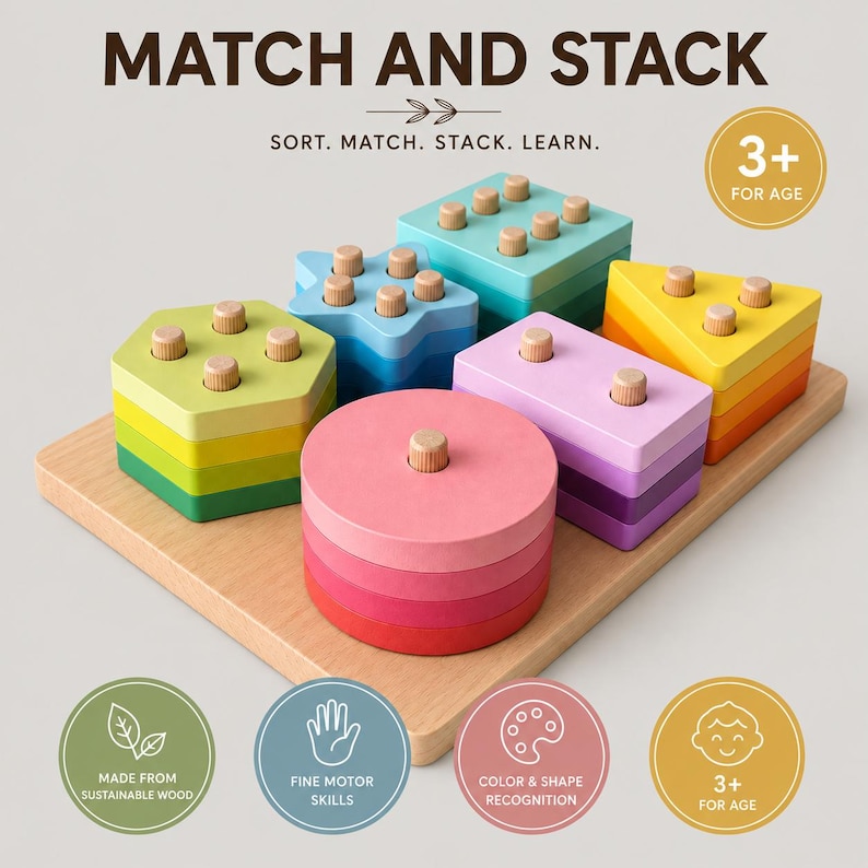 Op de afbeelding: Een houten speelgoedset met het label MATCH AND STACK, SORT. MATCH. STACK. LEARN. met kleurrijke geometrische vormen zoals een cirkel, zeshoek, ster, vierkant, rechthoek en driehoek met houten pinnen op een rechthoekige houten basis voor 3+.