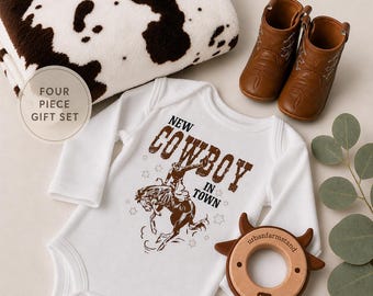 Western Baby Set Cowboy Newborn Gift Box Rodeo Theme Infant Outfit Country Nursery Bundle Western Cow Print Blanket Bodysuit Boots Ranch