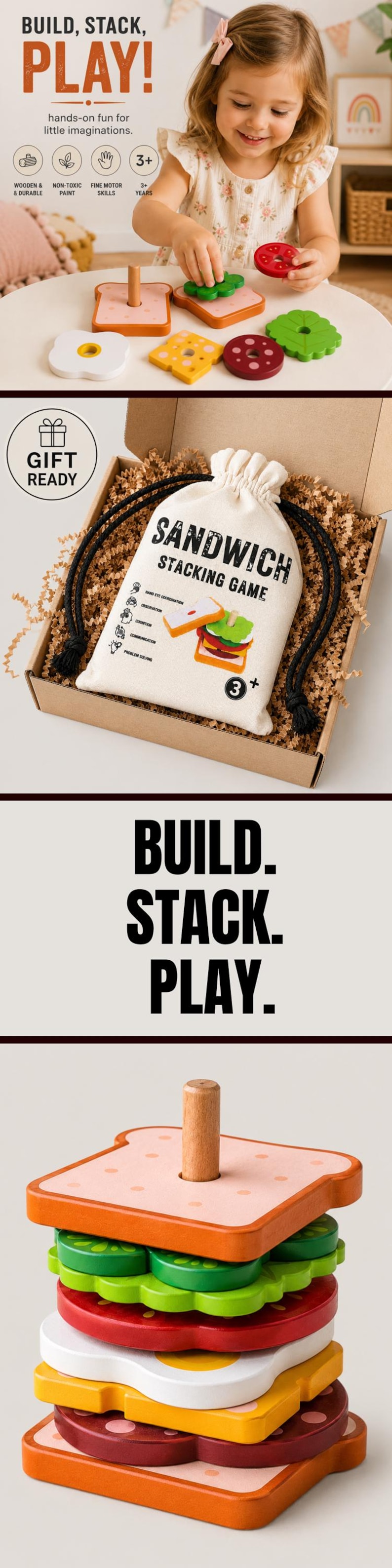 Pu&ograve; includere: Un gioco di impilamento a forma di panino in legno con pezzi colorati e sagomati che rappresentano pane, lattuga, pomodoro, formaggio e carne. Il set include un sacchetto con il testo SANDWICH STACKING GAME e un perno centrale in legno.