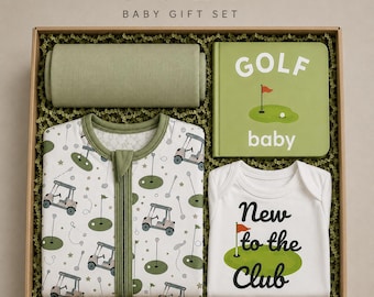 Set regalo per neonati a tema golf con body, pigiama, copertina, libro per neonati, vestiti per neonati a tema golf, confezione regalo, set regalo personalizzato per baby shower.