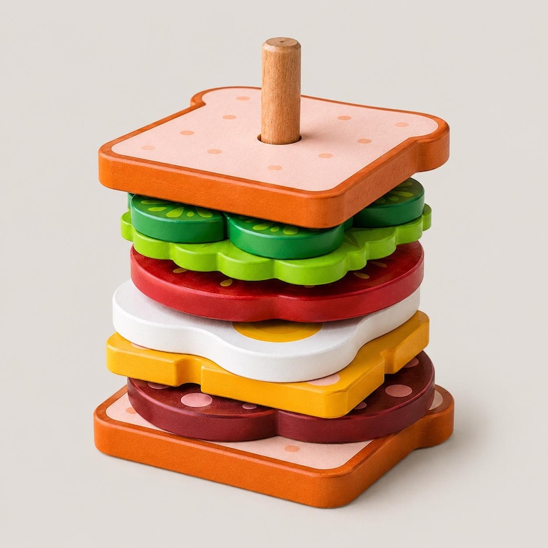 Pu&ograve; includere: Un giocattolo impilabile in legno a forma di panino, dotato di un perno centrale e strati che rappresentano pane, fette di cetriolo verdi, una fetta di pomodoro rossa, un uovo al tegamino bianco, formaggio giallo e carne marrone con pois rosa.