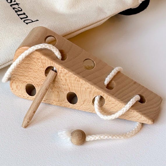 Wooden Threading Toy Montessori Cheese Activity Toddler Learning Baby Development Fine Motor Skills Practice Eco Friendly Natural Wood