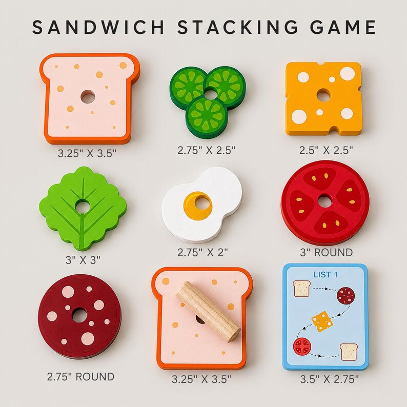 Pu&ograve; includere: Un set di gioco per impilare panini con pezzi di cibo in legno tra cui fette di pane, cetriolo, formaggio, lattuga, uovo, pomodoro e salame. Ogni pezzo ha un foro centrale per l'impilamento. Include una carta blu con scritto LIST 1.