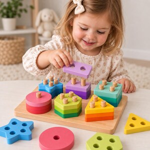 Op de afbeelding: Een houten vormensorteerspeelgoed met een rechthoekige basis met verticale pinnen en diverse kleurrijke geometrische blokken, waaronder cirkels, sterren, zeshoeken en driehoeken in de kleuren roze, blauw, groen, geel, oranje en paars.