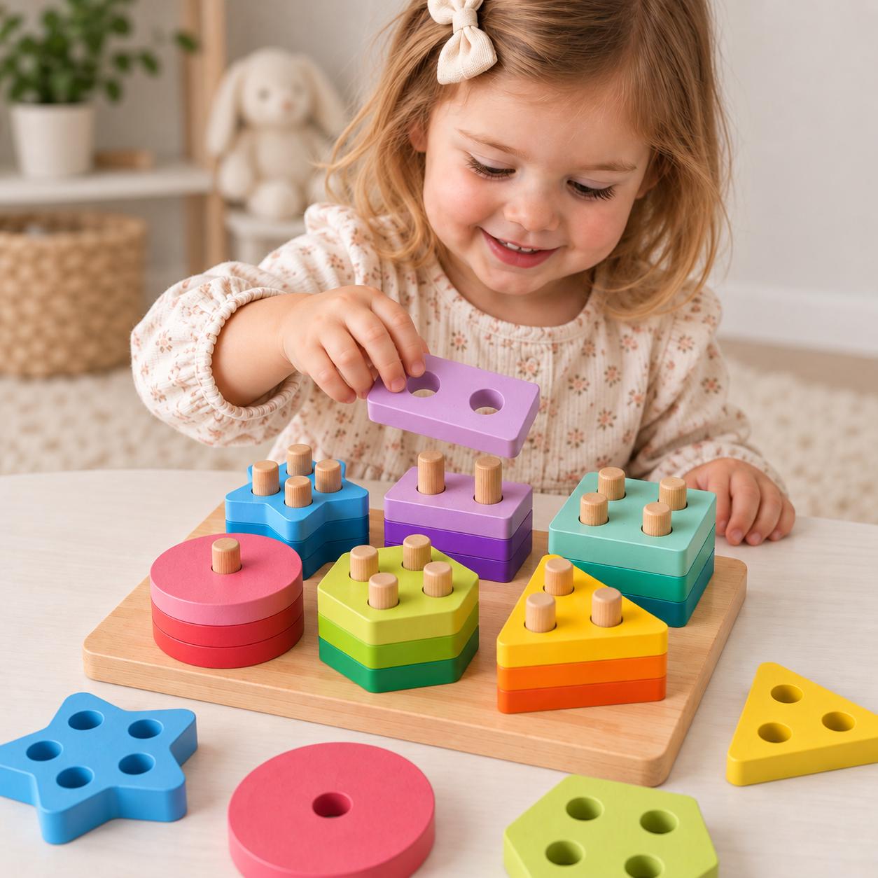 Op de afbeelding: Een houten vormensorteerspeelgoed met een rechthoekige basis met verticale pinnen en diverse kleurrijke geometrische blokken, waaronder cirkels, sterren, zeshoeken en driehoeken in de kleuren roze, blauw, groen, geel, oranje en paars.
