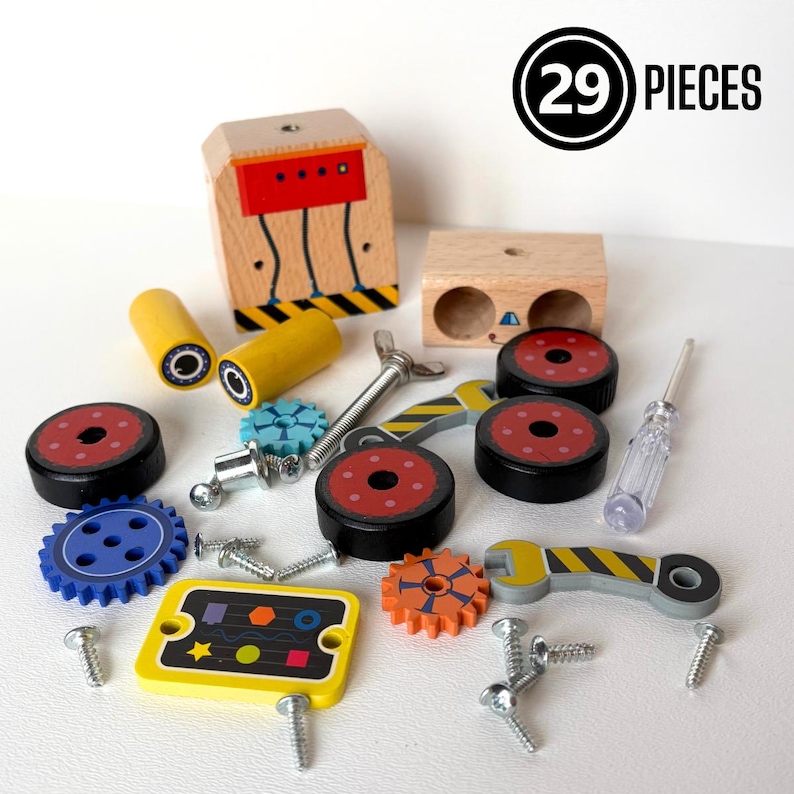 May include: A 29-piece wooden construction toy set featuring various components including natural wood blocks, yellow cylinders, black and red wheels, colorful plastic gears, metal screws, a small screwdriver, and a wrench with yellow and black stripes.