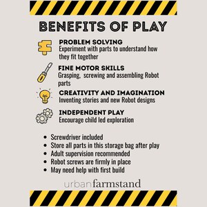 May include: An informational graphic titled BENEFITS OF PLAY with yellow and black striped borders. It lists developmental advantages like problem solving, fine motor skills, creativity, and independent play, plus instructions for a robot toy set.