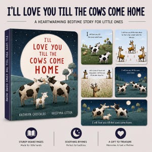 May include: A board book titled I'll Love You Till the Cows Come Home by Kathryn Cristaldi and Kristyna Litten. The cover features two black and white spotted cows and a calf under a large moon. Includes interior page illustrations of cows and deer.