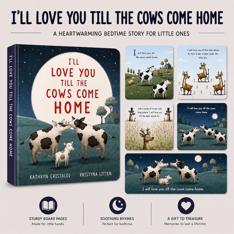 May include: A board book titled I'll Love You Till the Cows Come Home by Kathryn Cristaldi and Kristyna Litten. The cover features two black and white spotted cows and a calf under a large moon. Includes interior page illustrations of cows and deer.
