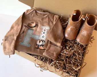 Western Baby Outfit Gift Box Baby Shower Cowboy Cowgirl Rodeo Theme Handmade Hand Dyed Bodysuit Western Boots Gift Ready Design Custom Set