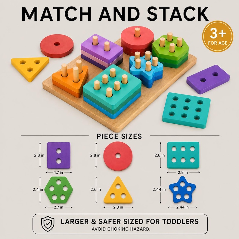 Op de afbeelding: Een houten Match and Stack speelgoedset met kleurrijke geometrische vormen zoals driehoeken, cirkels, vierkanten, rechthoeken, sterren en zeshoeken. De set bevat een bord met pinnen en blokken met gaten. De afmetingen worden in inches weergegeven.