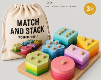 May include: A wooden stacking puzzle set featuring geometric shapes in various colors, including a hexagon, star, circle, rectangle, and triangle, all on a wooden base. A beige drawstring storage bag is included, printed with MATCH AND STACK.