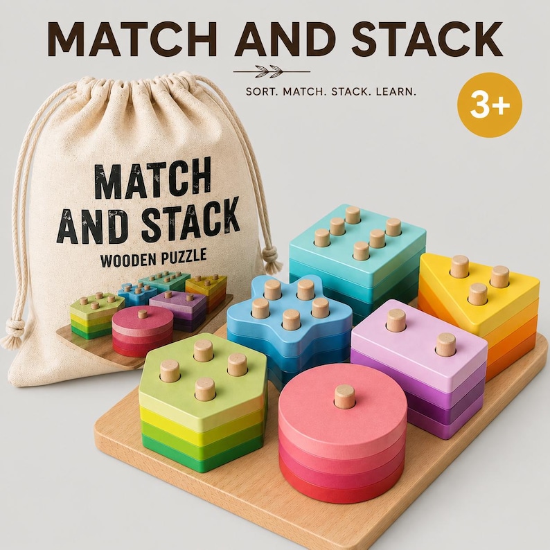 Op de afbeelding: Een houten stapelpuzzel met geometrische vormen in diverse kleuren, waaronder een zeshoek, ster, cirkel, rechthoek en driehoek op een houten basis. Een beige tas met trekkoord is inbegrepen, bedrukt met de tekst MATCH AND STACK.