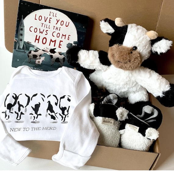 Baby Shower Gift Set Farm Animal Nursery Gift Box New Baby Cow Print Outfit Bundle Newborn Gift Set Farm Theme Book Set Personalized Gift