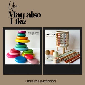 May include: A collection of wooden toys including a stack of multicolored rings in shades of purple, blue, green, yellow, orange, and pink, alongside a cylindrical wooden structure with rods, spheres, and a die featuring colored circular inlays.