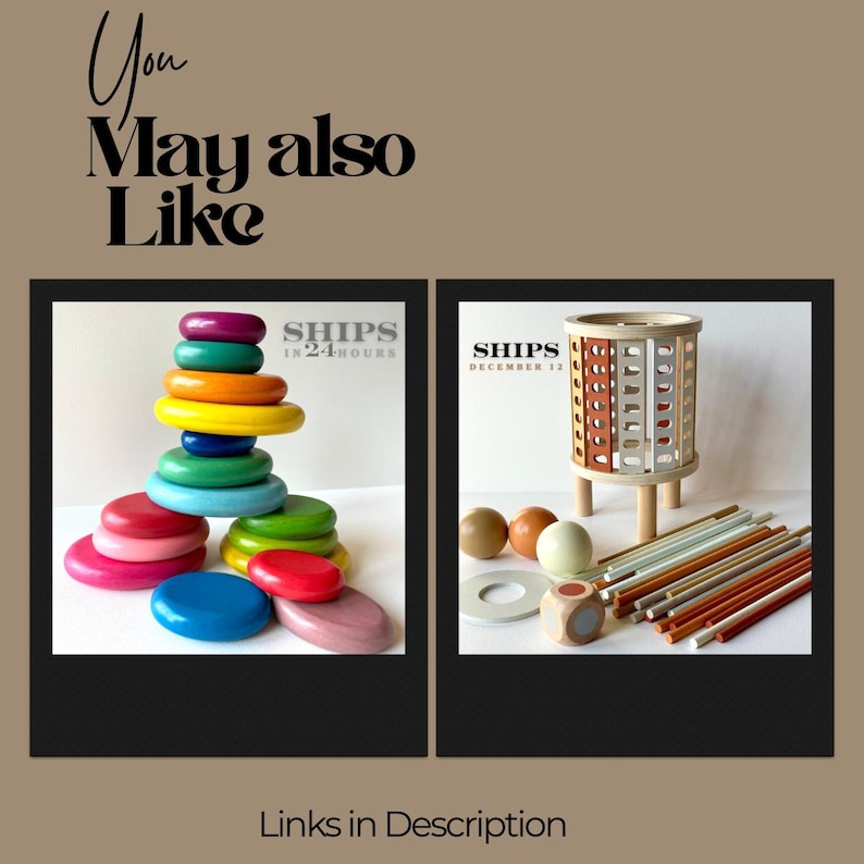 May include: A collection of wooden toys including a stack of multicolored rings in shades of purple, blue, green, yellow, orange, and pink, alongside a cylindrical wooden structure with rods, spheres, and a die featuring colored circular inlays.