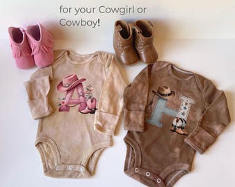 Western Baby Outfit Gift Box Baby Shower Cowboy Cowgirl Rodeo Theme Handmade Hand Dyed Bodysuit Western Boots Gift Ready Design Custom Set