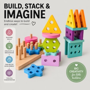 Op de afbeelding: Een houten peg board met diverse kleurrijke geometrische vormen, waaronder sterren, driehoeken, zeshoeken en rechthoeken. De set bevat de tekst BUILD, STACK & IMAGINE, Endlessly ways to build and create, BUILDING SKILLS, CREATIVITY & IMAGINATION, FINE MOTOR DEVELOPMENT, FOCUS & CONCENTRATION en BIG CREATIVITY for little builders.
