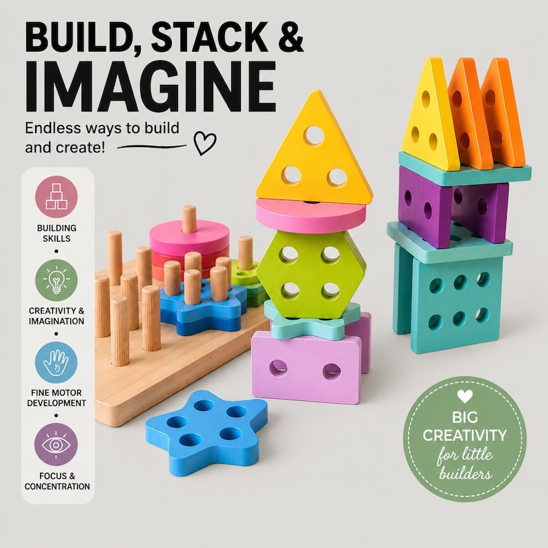 Op de afbeelding: Een houten peg board met diverse kleurrijke geometrische vormen, waaronder sterren, driehoeken, zeshoeken en rechthoeken. De set bevat de tekst BUILD, STACK & IMAGINE, Endlessly ways to build and create, BUILDING SKILLS, CREATIVITY & IMAGINATION, FINE MOTOR DEVELOPMENT, FOCUS & CONCENTRATION en BIG CREATIVITY for little builders.