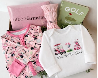 Golf Baby Gift Set Zippered Sleeper Bodysuit Bamboo Swaddle Pink Headband Bow Book Ready Box Newborn Shower Present Nursery Themed Outfit