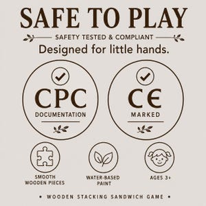 Pu&ograve; includere: Un grafico informativo beige per un gioco di sandwich impilabili in legno con testo marrone scuro. Include le intestazioni SAFE TO PLAY, SAFETY TESTED & COMPLIANT e Designed for little hands. Le icone mostrano CPC documentation, CE marked, un pezzo di puzzle, foglie e un'icona di un volto di bambino con AGES 3+.