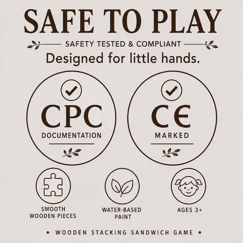 Pu&ograve; includere: Un grafico informativo beige per un gioco di sandwich impilabili in legno con testo marrone scuro. Include le intestazioni SAFE TO PLAY, SAFETY TESTED & COMPLIANT e Designed for little hands. Le icone mostrano CPC documentation, CE marked, un pezzo di puzzle, foglie e un'icona di un volto di bambino con AGES 3+.
