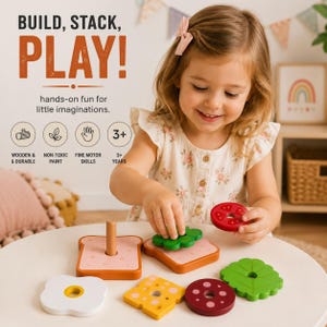 Pu&ograve; includere: Un set di giocattoli in legno da impilare a forma di panino, con vari pezzi a forma di cibo tra cui fette di pane, lattuga, pomodoro, formaggio e salame. Il set include una base con un perno centrale. Il testo sull'immagine dice BUILD, STACK, PLAY!