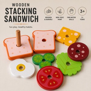 Pu&ograve; includere: Un set di giocattoli in legno a forma di sandwich impilabile, composto da una base con un perno centrale e vari pezzi colorati a forma di cibo, tra cui pane, formaggio, salame, lattuga, pomodoro, cetriolo e un uovo fritto da impilare.