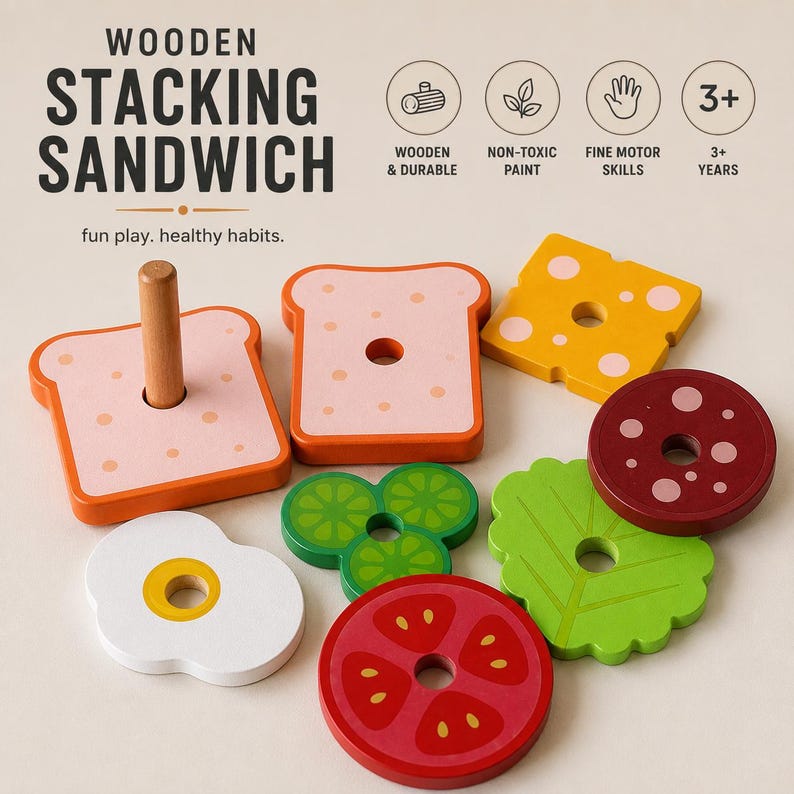 Pu&ograve; includere: Un set di giocattoli in legno a forma di sandwich impilabile, composto da una base con un perno centrale e vari pezzi colorati a forma di cibo, tra cui pane, formaggio, salame, lattuga, pomodoro, cetriolo e un uovo fritto da impilare.