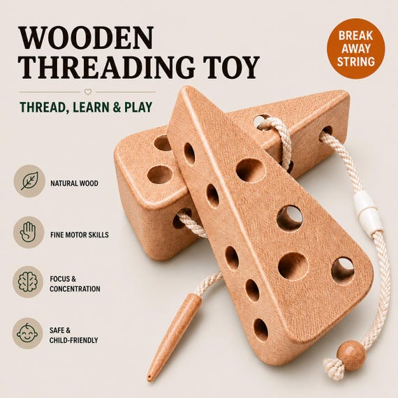 Wooden Threading Toy Montessori Cheese Activity Toddler Learning Baby Development Fine Motor Skills Practice Eco Friendly Natural Wood