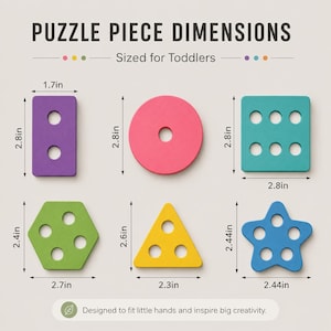 Op de afbeelding: Een set van zes kleurrijke geometrische puzzelstukken met afmetingen in inches. De vormen omvatten een paarse rechthoek, roze cirkel, turquoise vierkant, groene zeshoek, gele driehoek en een blauwe ster, elk met ronde uitsparingen.
