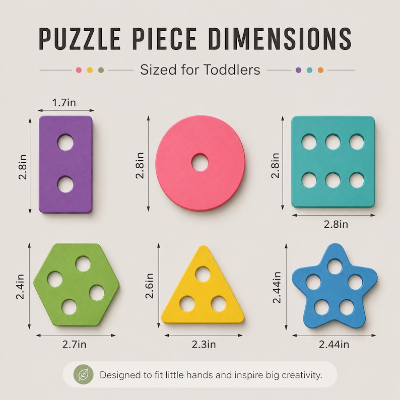 Op de afbeelding: Een set van zes kleurrijke geometrische puzzelstukken met afmetingen in inches. De vormen omvatten een paarse rechthoek, roze cirkel, turquoise vierkant, groene zeshoek, gele driehoek en een blauwe ster, elk met ronde uitsparingen.