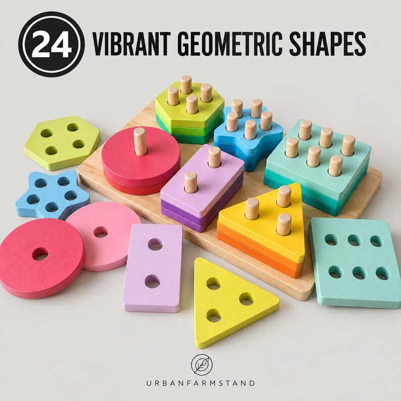 Op de afbeelding: Een set van 24 levendige geometrische vormen van hout, in diverse kleuren waaronder roze, geel, groen, blauw en paars. De stukken bevatten cirkels, rechthoeken, driehoeken, sterren en zeshoeken met gaten om op houten pinnen te stapelen.