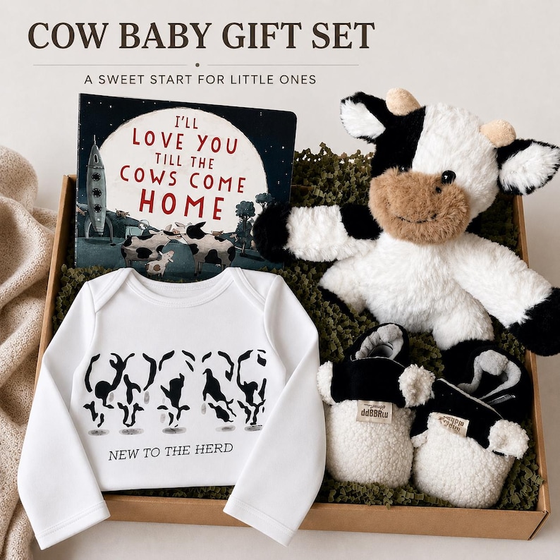 Baby Shower Gift Set Farm Animal Nursery Gift Box New Baby Cow Print Outfit Bundle Newborn Gift Set Farm Theme Book Set Personalized Gift image 1