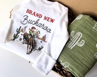 Western Baby Bodysuit Brand New Buckaroo Top Cowboy Style Newborn Wear Cactus Swaddle Farm Design Rodeo Gift Shower Present Cotton Set New