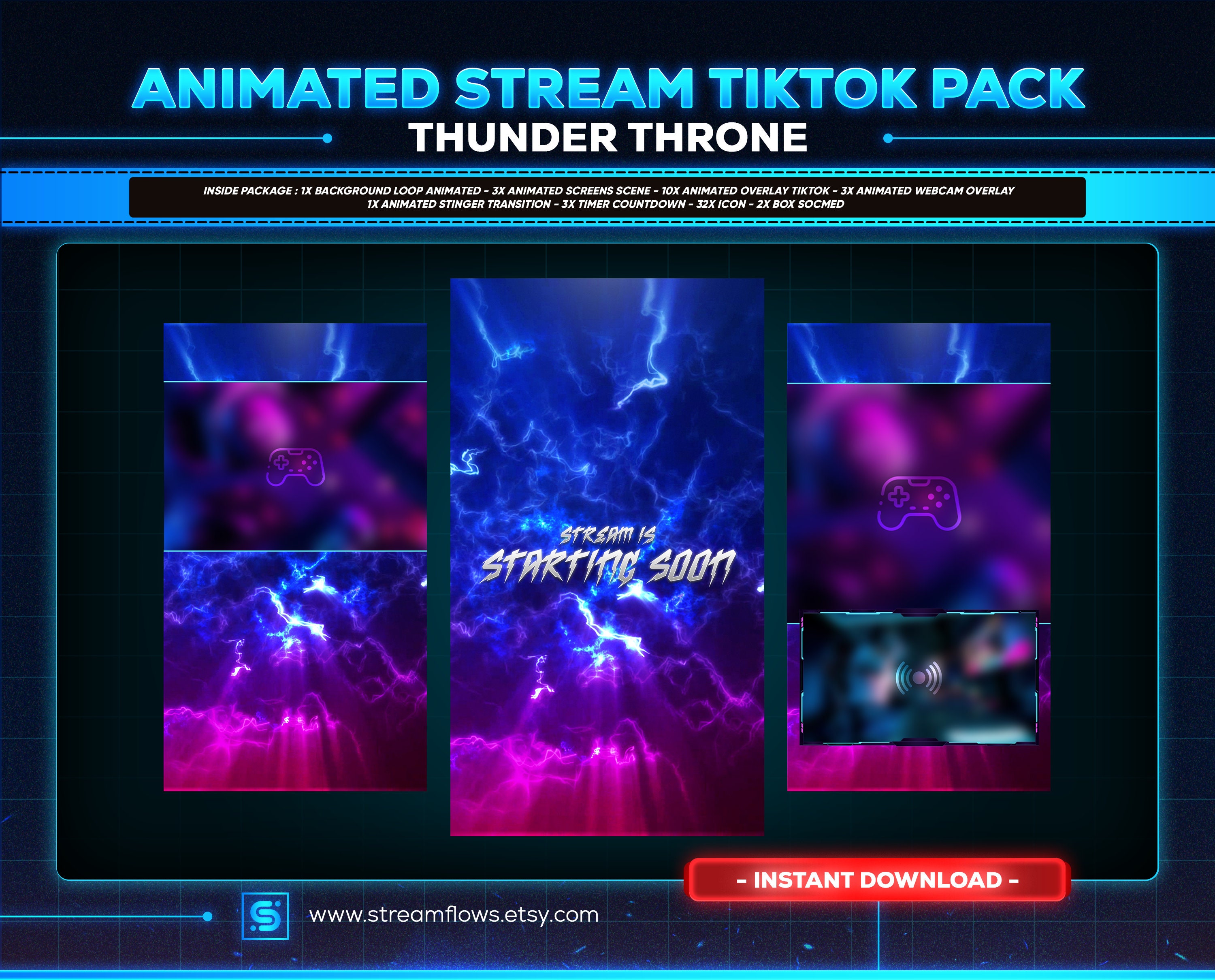 thunder throne animated tiktok live streaming overlays package | screens,webcams,transition | vertical design - clean - cyberpunk.