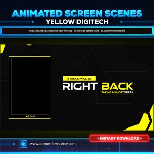 6x Yellow Digitech Animated Stream Screens Scene Pack for Twitch,kick ...