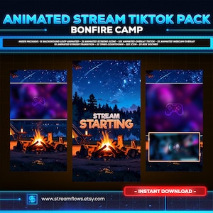 以下が含まれることがあります： 星空の焚き火のシーンをフィーチャーした、ストリーマー向けのアニメーション TikTok パック。このパックには、背景ループ、画面シーン、オーバーレイ、ウェブカメラオーバーレイが含まれています。画面シーンには「STREAM STARTING」というテキストが表示されています。