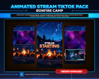 Bonfire Camp Animated Stream Overlay Package | TikTok, Cozy Forest Design