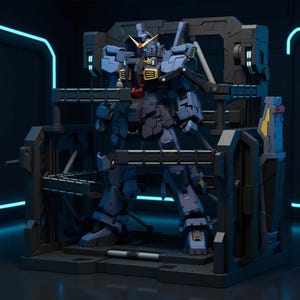 Può includere: Modello dettagliato di un robot mech blu e grigio all'interno di una struttura di supporto nera. Il robot ha accenti gialli e rossi. Lo sfondo è scuro con illuminazione al neon blu.