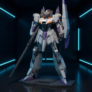 May include: A detailed model of a white, purple, and orange mecha robot with a large rifle and shield. The robot stands on a gray platform, with a dark background and blue neon lights.
