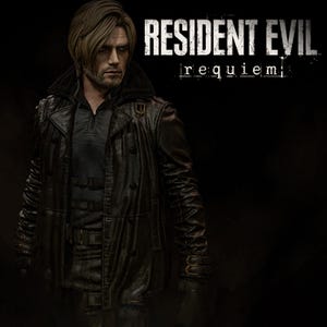 May include: A figure from the Resident Evil Requiem series, wearing a black leather coat with a fur collar and multiple buckles. The figure has light brown hair and a serious expression. The title "RESIDENT EVIL requiem" is displayed in white text.