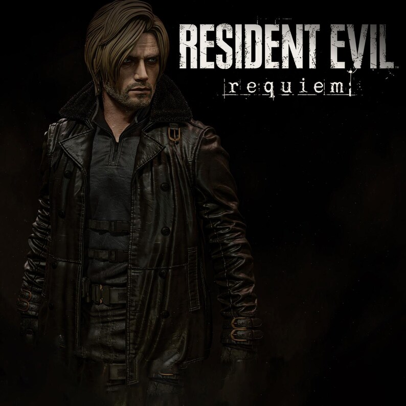 May include: A figure from the Resident Evil Requiem series, wearing a black leather coat with a fur collar and multiple buckles. The figure has light brown hair and a serious expression. The title "RESIDENT EVIL requiem" is displayed in white text.