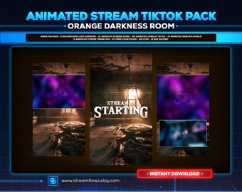 May include: Animated stream and TikTok pack for Twitch, featuring a dark room with a broken window and a purple and blue animated overlay with a game controller icon. The text "STREAM IS STARTING" is displayed in the center of the image.