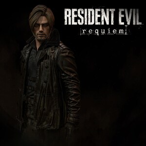 May include: A man with brown hair and a serious expression is wearing a black leather jacket with a fur collar. The image has the text "RESIDENT EVIL requiem" in white letters on a black background.