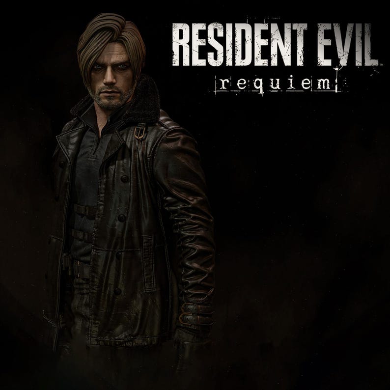 May include: A man with brown hair and a serious expression is wearing a black leather jacket with a fur collar. The image has the text "RESIDENT EVIL requiem" in white letters on a black background.